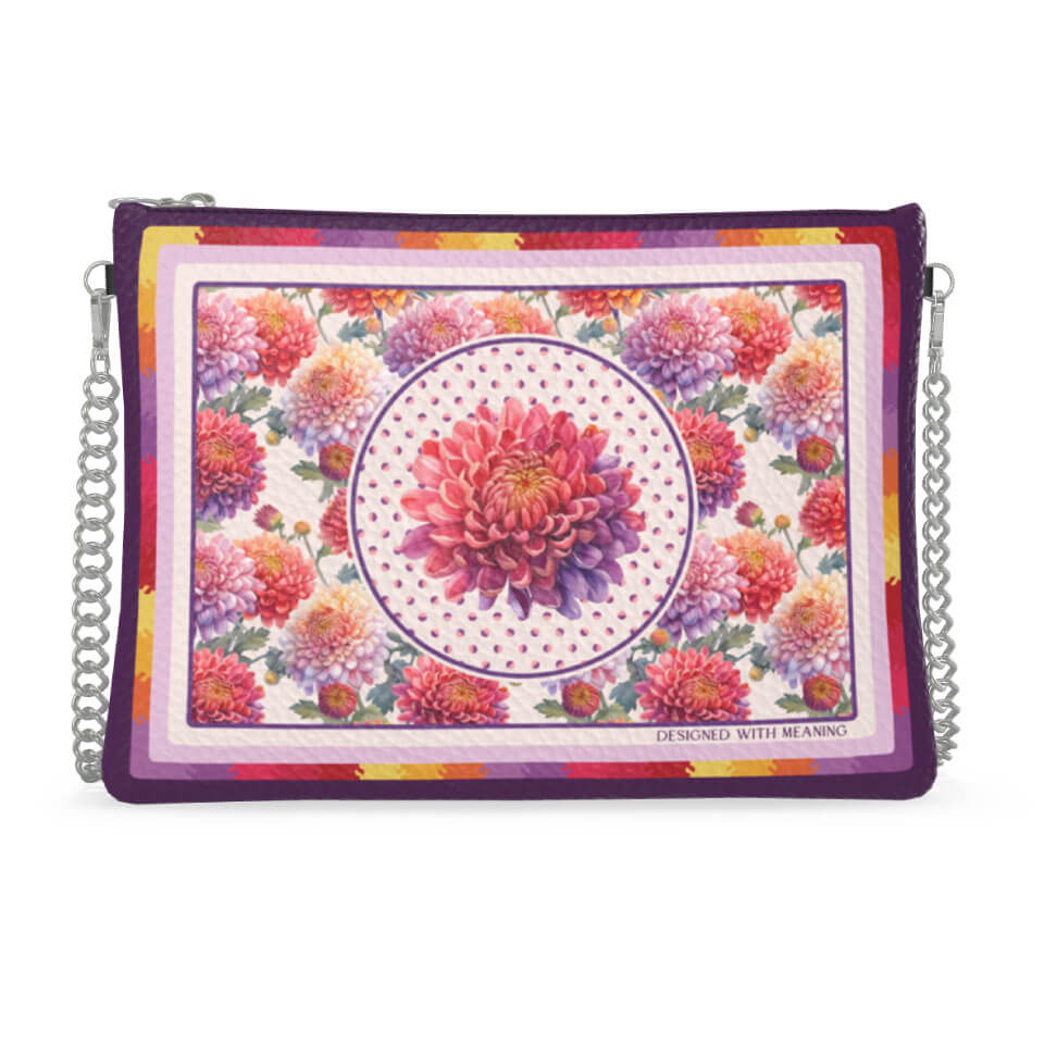 Chrysanthemum Flower Zip Crossbody, Leather Handbag, Designed With Meaning