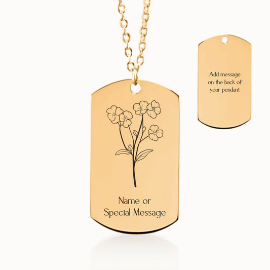 Personalized Forget-Me-Not Flower Tag Pendant Necklace in Gold, Remembrance Gift for Her