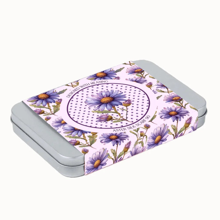 September Aster Birth Flower Silk Scarf 90 Gift Tin, Designed With Meaning