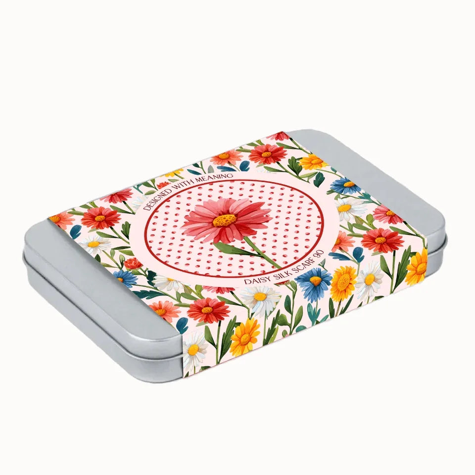 April Daisy Birth Flower Silk Scarf 90 Gift Tin, Designed With Meaning