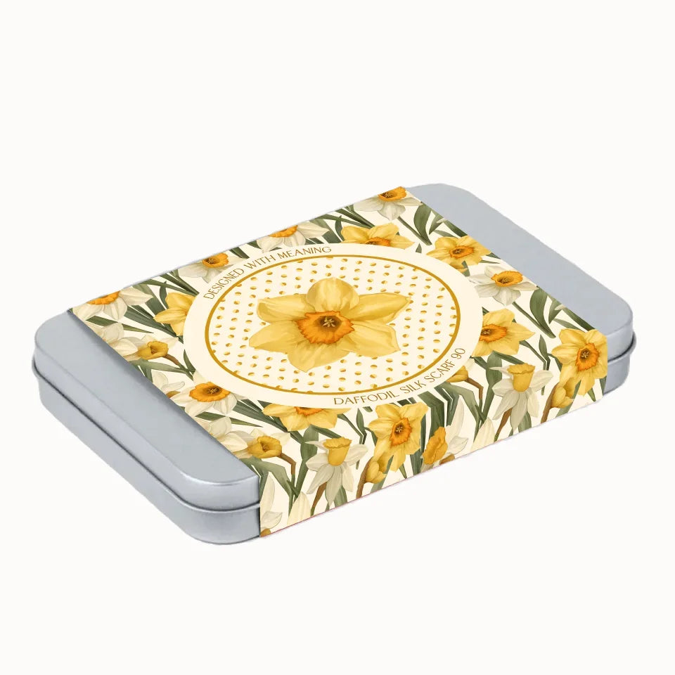 March Daffodil Birth Flower Silk Scarf 90 Gift Tin, Designed With Meaning