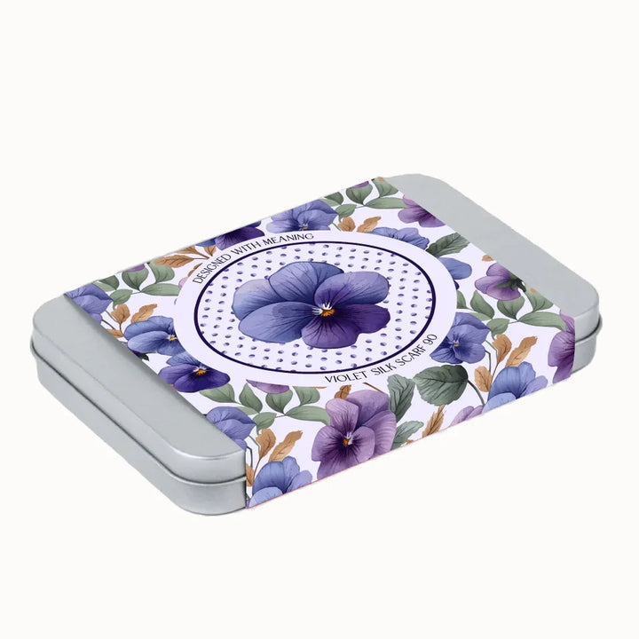 February Violet Birth Flower Silk Scarf 90 Gift Tin, Designed With Meaning