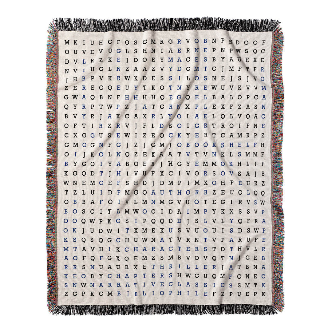 Booklover's Quest Word Search, 50x60 Woven Throw Blanket, Blue#color-of-hidden-words_blue