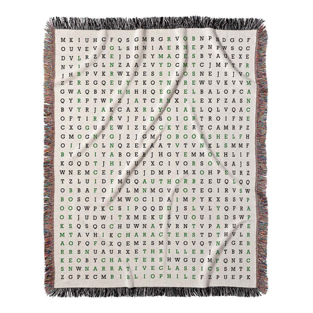 Booklover's Quest Word Search, 50x60 Woven Throw Blanket, Green#color-of-hidden-words_green