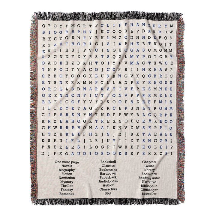 Booklover's Quest Word Search, 50x60 Woven Throw Blanket, Blue#color-of-hidden-words_blue