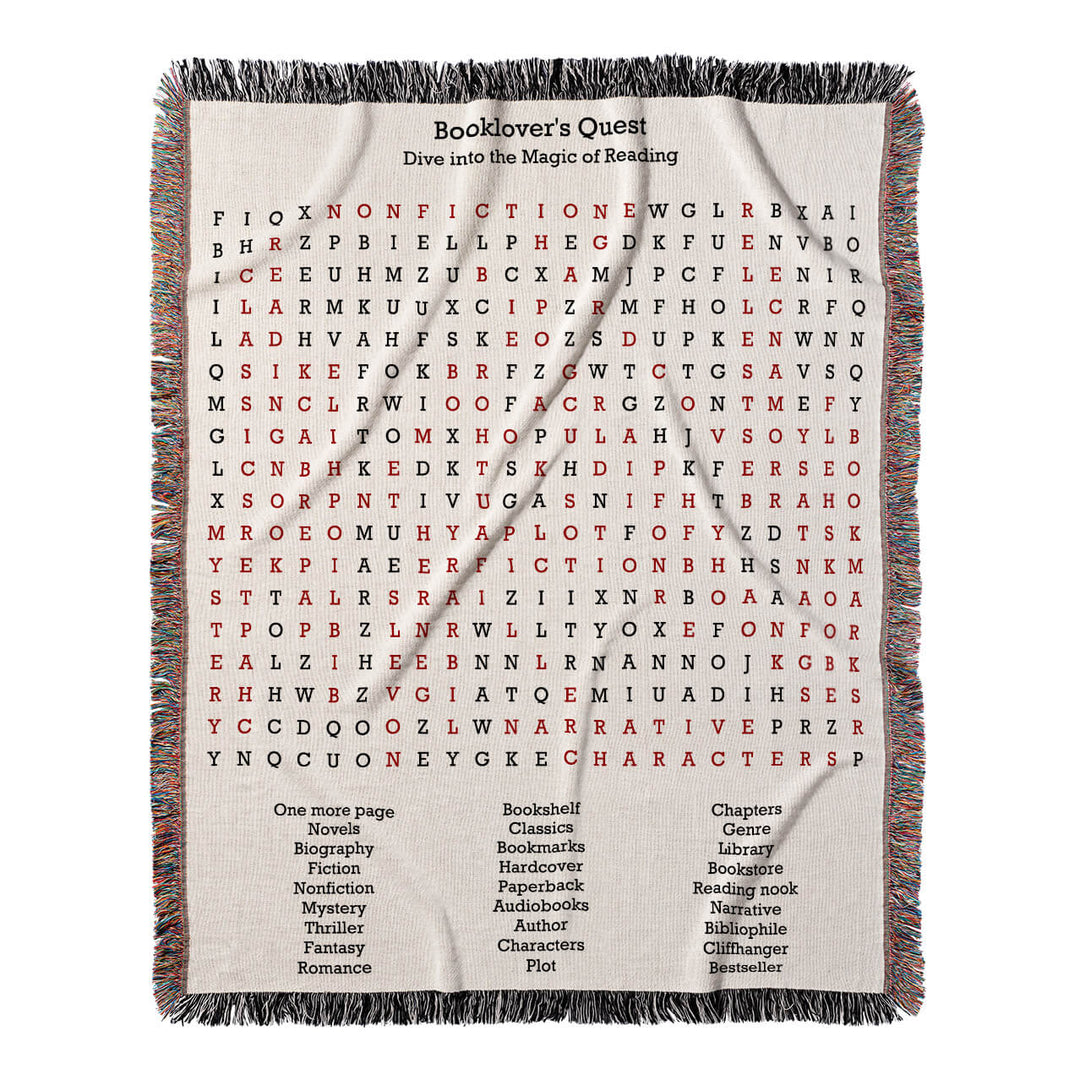 Booklover's Quest Word Search, 50x60 Woven Throw Blanket, Red#color-of-hidden-words_red