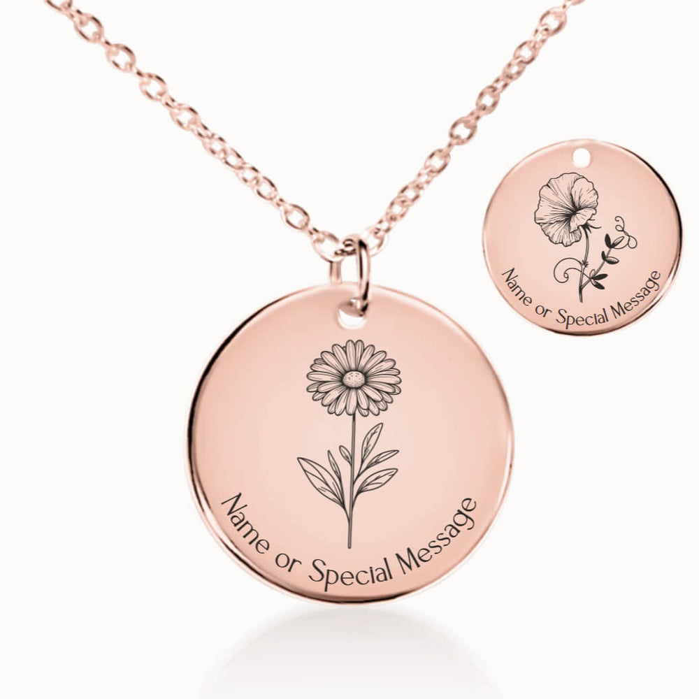 April Birth Flower Necklace, Daisy and Sweet Pea Pendant in Rose Gold, Personalized Birthday Gift for Her