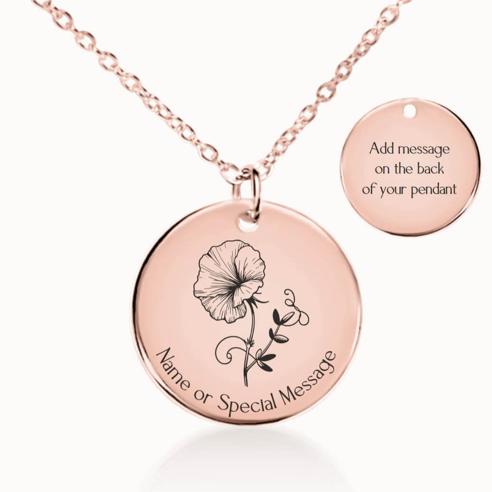 Personalized April Birth Flower Sweet Pea Necklace in Rose Gold, Birthday Gift for Her