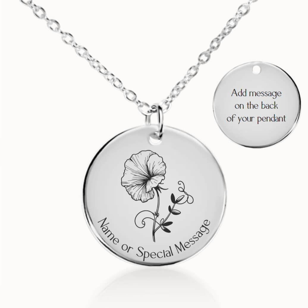 Personalized April Birth Flower Sweet Pea Necklace in Silver, Birthday Gift for Her