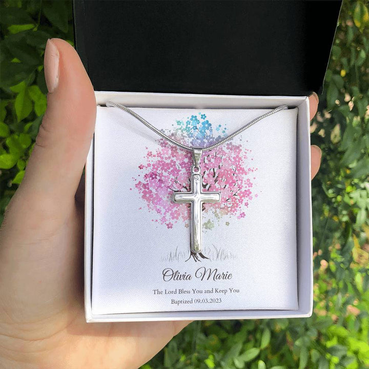Engraved Cross Necklace - Baptism Gift for Girl - Personalized