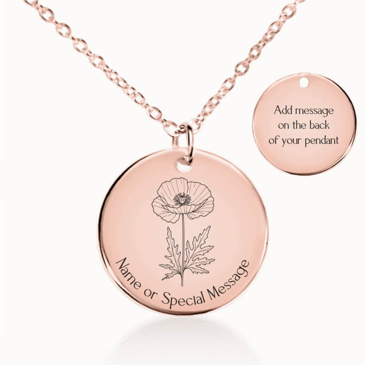 Personalized August Birth Flower Poppy Necklace in Rose Gold, Birthday Gift for Her