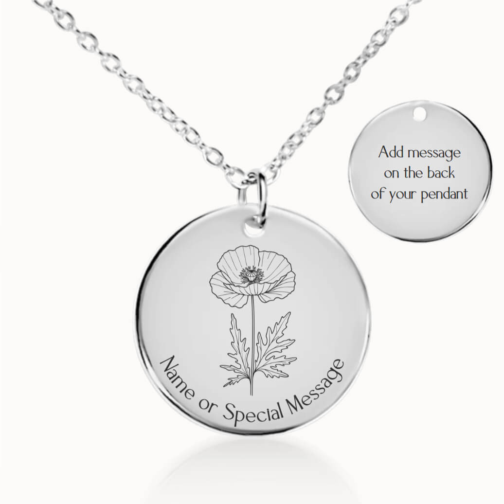 Personalized August Birth Flower Poppy Necklace in Silver, Birthday Gift for Her