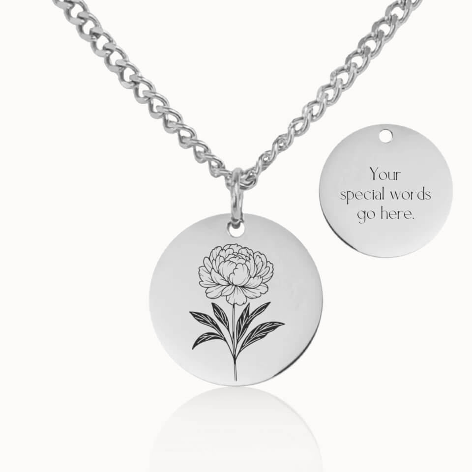 Classic Birth Flower Necklace with Cuban Link Chain, Personalized Gift in Silver, Designed With Meaning