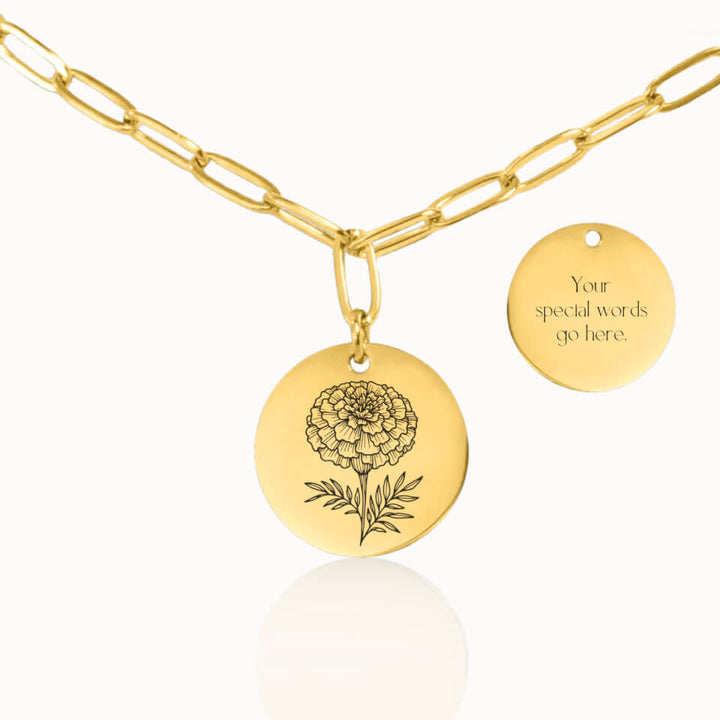 Classic Birth Flower Necklace with Paper Clip Chain in Gold, Personalized Gift, Designed With Meaning