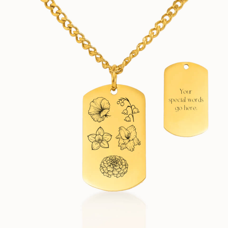 Tag Birth Flower Garden Necklace with Cuban Link Chain in Gold, Personalized Gift for Mom and Grandma, Designed With Meaning