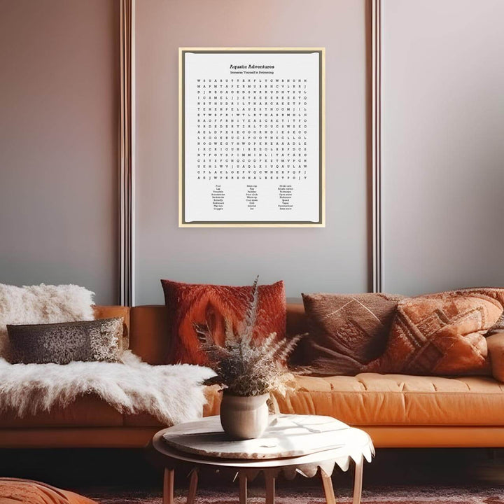 Custom Swimming Word Search Art Print, Styled#color-finish_light-wood-floater-frame