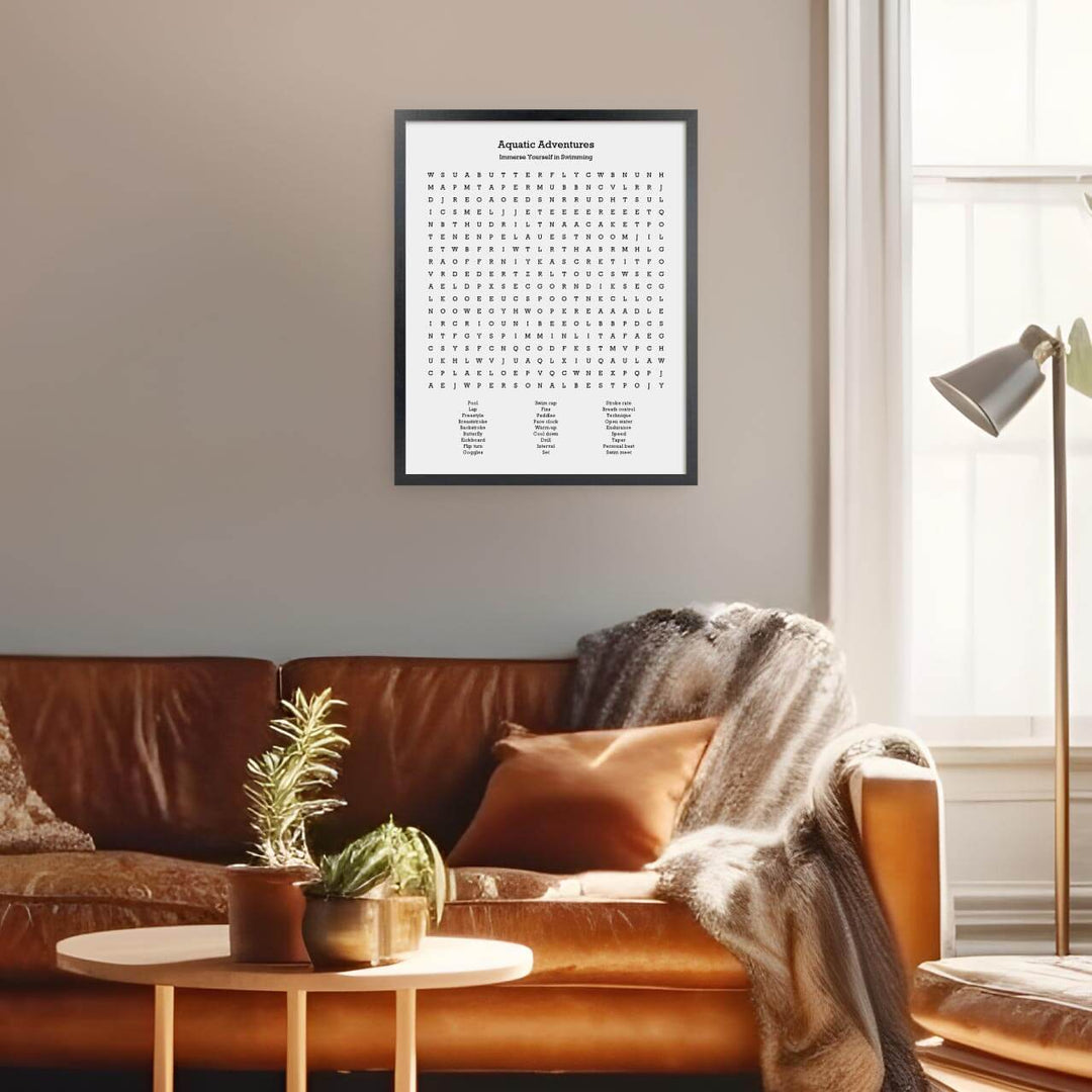 Custom Swimming Word Search Art Print, Styled#color-finish_black-thin-frame