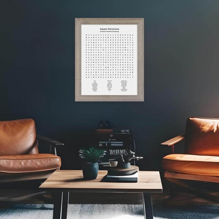 Custom Swimming Word Search Art Print, Styled#color-finish_gray-wide-frame