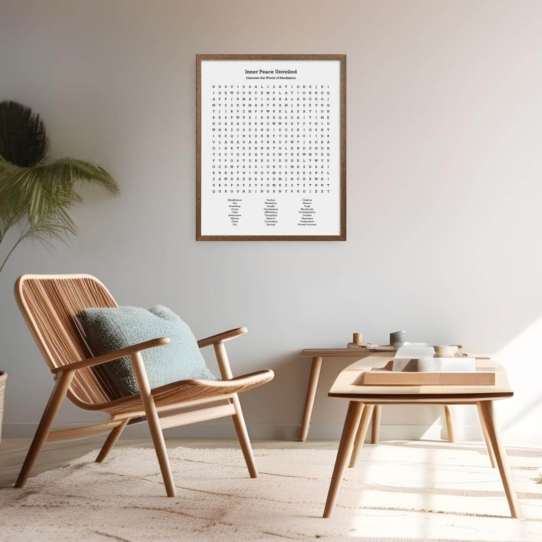 Custom Meditation Word Search Art Print, Styled#color-finish_walnut-thin-frame