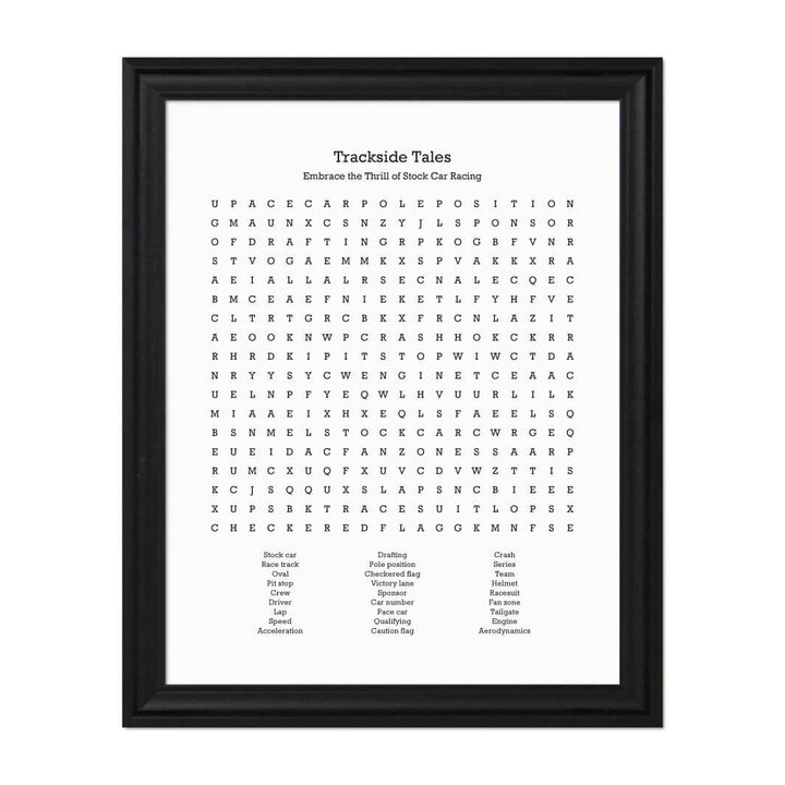 Custom Stock Car Racing Word Search Art Print#color-finish_black-beveled-frame