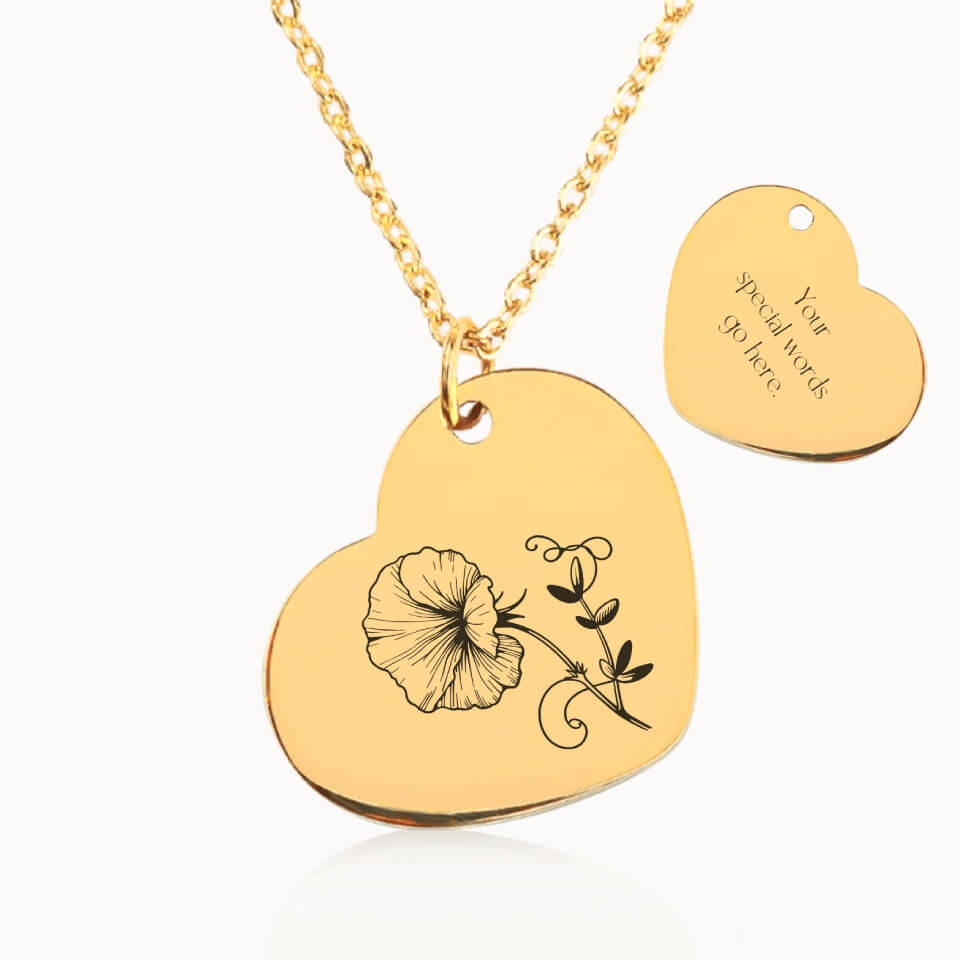 Customized Birth Flower Necklace, Personalized Gift for Her, Gold Heart Pendant