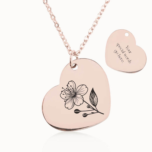 Customized Birth Flower Necklace, Personalized Gift for Her, Rose Gold Heart Pendant