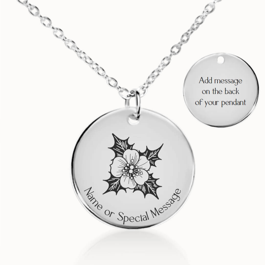 Personalized December Birth Flower Holly Necklace in Silver, Birthday Gift for Her