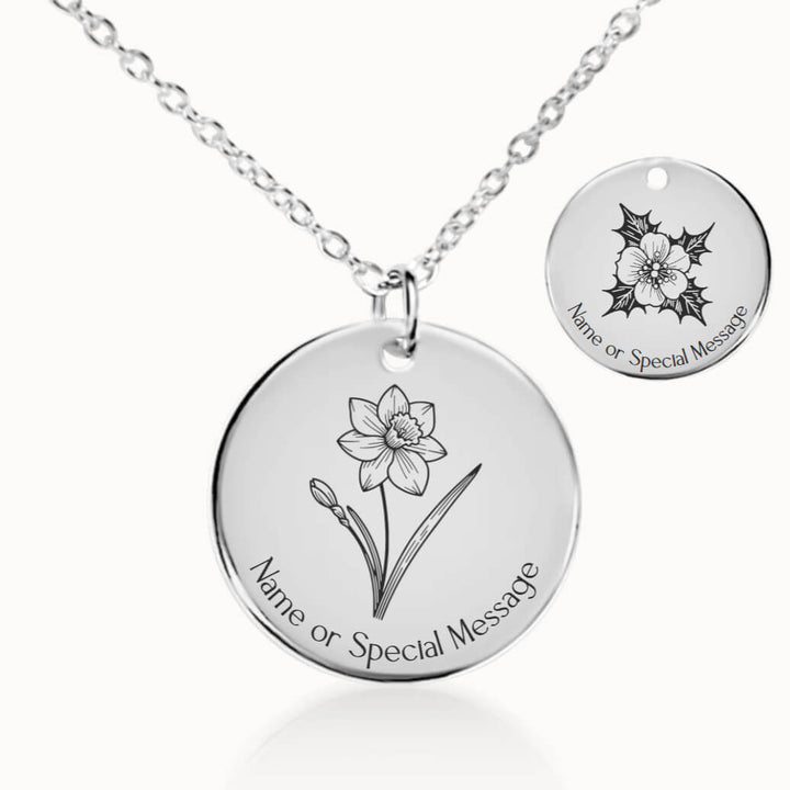 December Birth Flower Necklace, Narcissus and Holly Pendant in Silver, Personalized Birthday Gift for Her