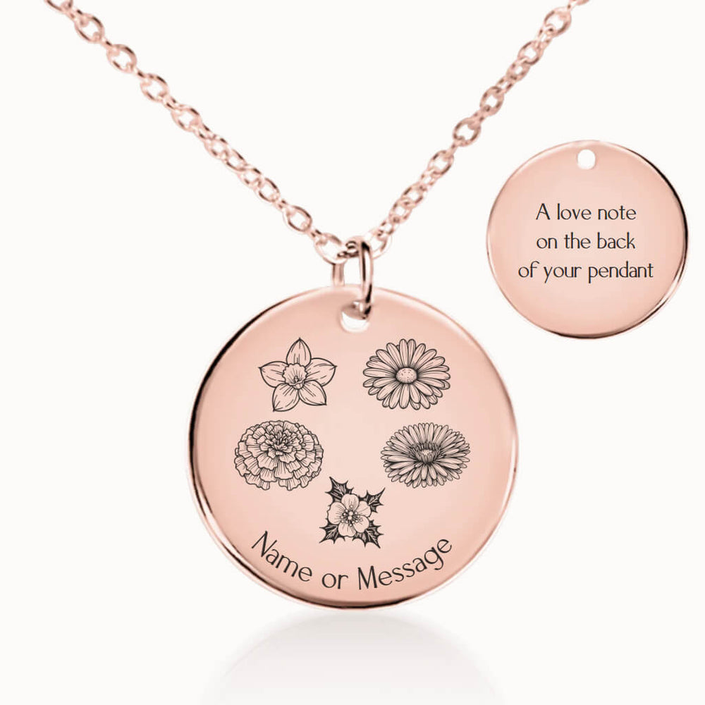 Family Birth Flower Necklace in Rose Gold, Personalized Gift for Her