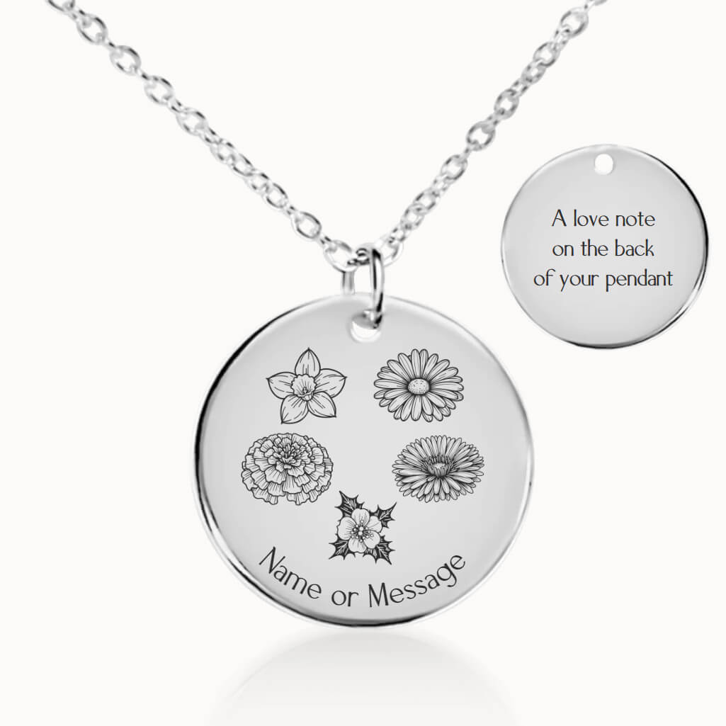 Family Birth Flower Necklace in Silver, Personalized Gift for Her