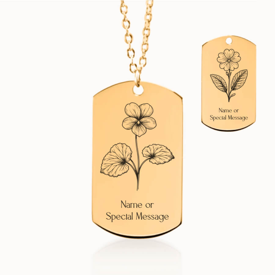 February Birth Month Flower Tag Pendant in Gold, Violet and Primrose Gift