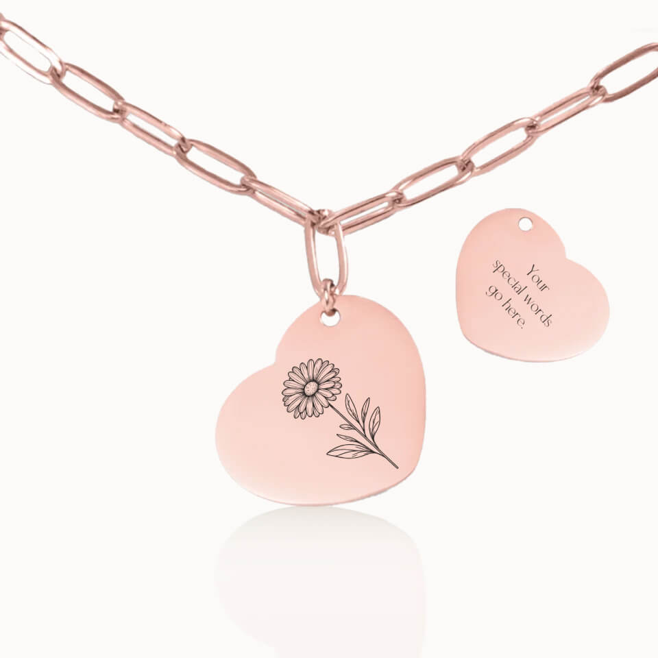 Heart Birth Flower Necklace on Paperclip Chain in Rose Gold, Personalized Gift for Her, Designed With Meaning