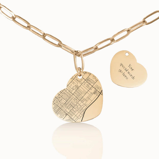 Heart City Street Map Necklace with Paperclip Chain in Gold, Personalized Gift, Designed With Meaning