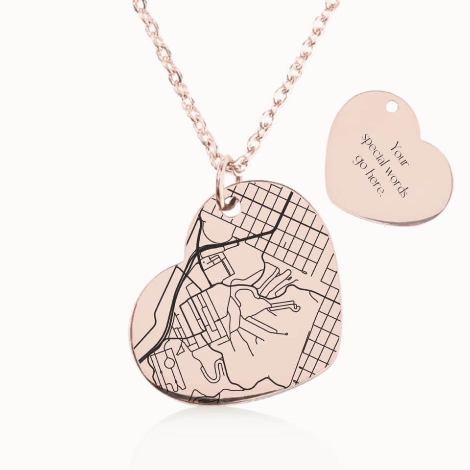 Heart City Street Map Necklace in Rose Gold, Personalized Gift, Designed With Meaning