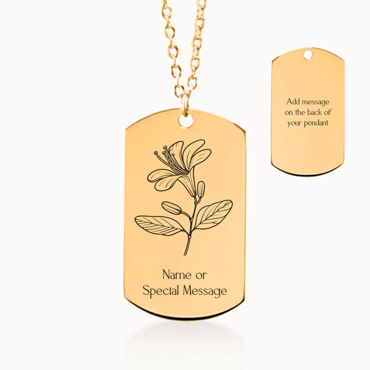 Honeysuckle Birth Month Flower Tag Pendant Necklace in Gold, Personalized June Birthday Gift for Her