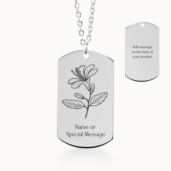 Honeysuckle Birth Month Flower Tag Pendant Necklace in Silver, Personalized June Birthday Gift for Her