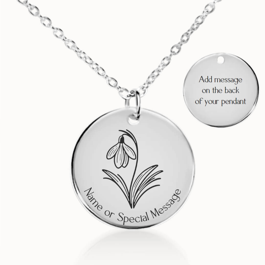 Personalized January Birth Flower Snowdrop Necklace in Silver, Birthday Gift for Her