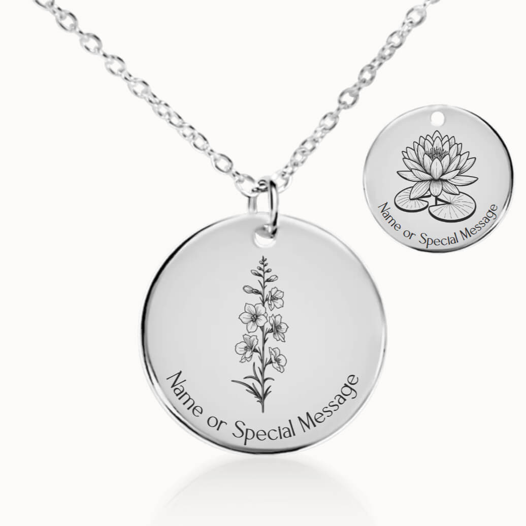 July Birth Flower Necklace, Larkspur and Water Lily Pendant in Silver, Personalized Birthday Gift for Her