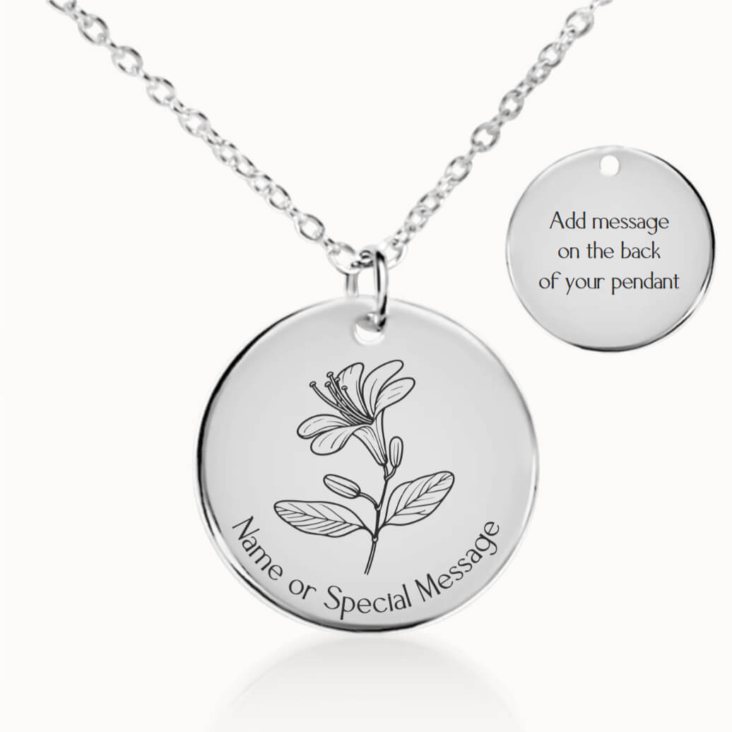 Personalized June Birth Flower Honeysuckle Necklace in Silver, Birthday Gift for Her