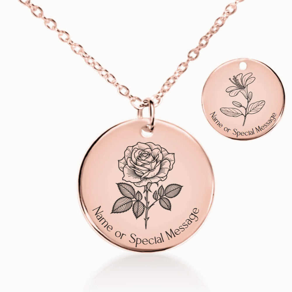 June Birth Flower Necklace, Rose and Honeysuckle Pendant in Rose Gold, Personalized Birthday Gift for Her