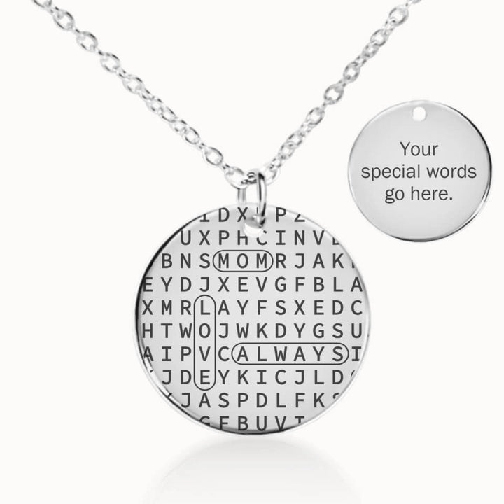 Mom Word Search Coin Pendant Necklace with Fine Chain in Silver, Personalized Gift for Mom, Designed With Meaning