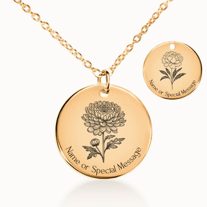 November Birth Flower Necklace, Chrysanthemum and Peony Pendant in Gold, Personalized Birthday Gift for Her