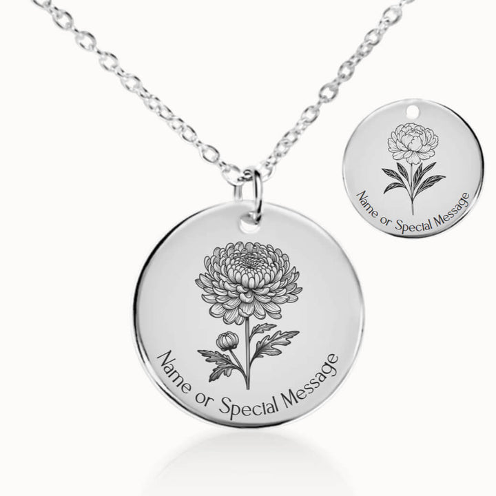 November Birth Flower Necklace, Chrysanthemum and Peony Pendant in Silver, Personalized Birthday Gift for Her