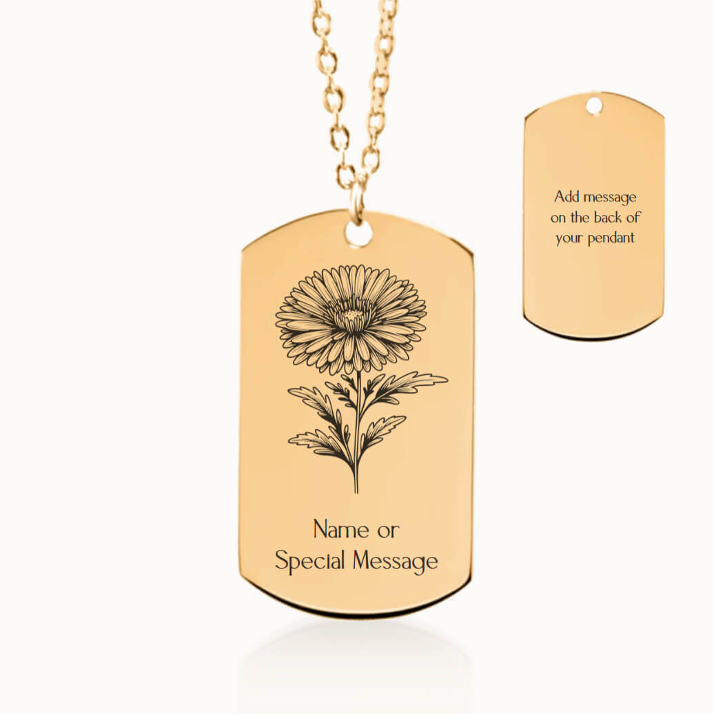 Personalized Aster Birth Flower Tag Pendant Necklace in Gold, September Birthday Gift for Her