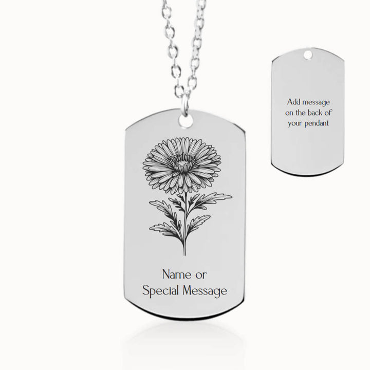 Personalized Aster Birth Flower Tag Pendant Necklace in Silver, September Birthday Gift for Her