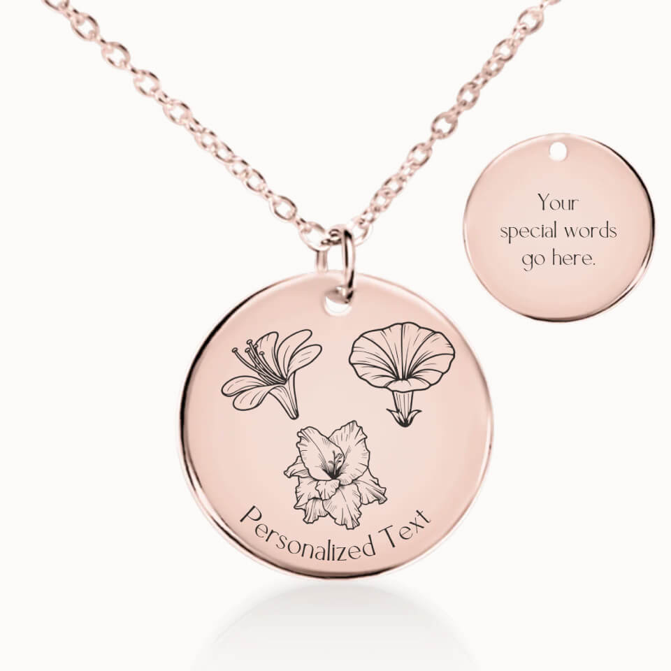 Classic Birth Flower Garden Pendant Necklace in Rose Gold, Personalized Gift for Mom or Grandma, Designed With Meaning