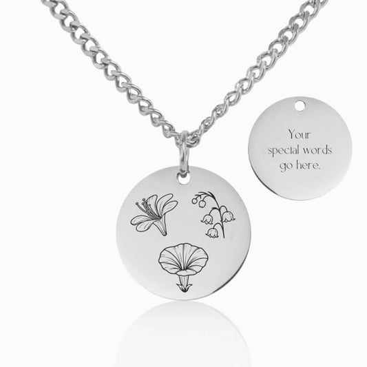 Classic Birth Flower Garden Necklace with Cuban Link Chain in Silver, Personalized Gift for Mom and Grandma, Designed With Meaning