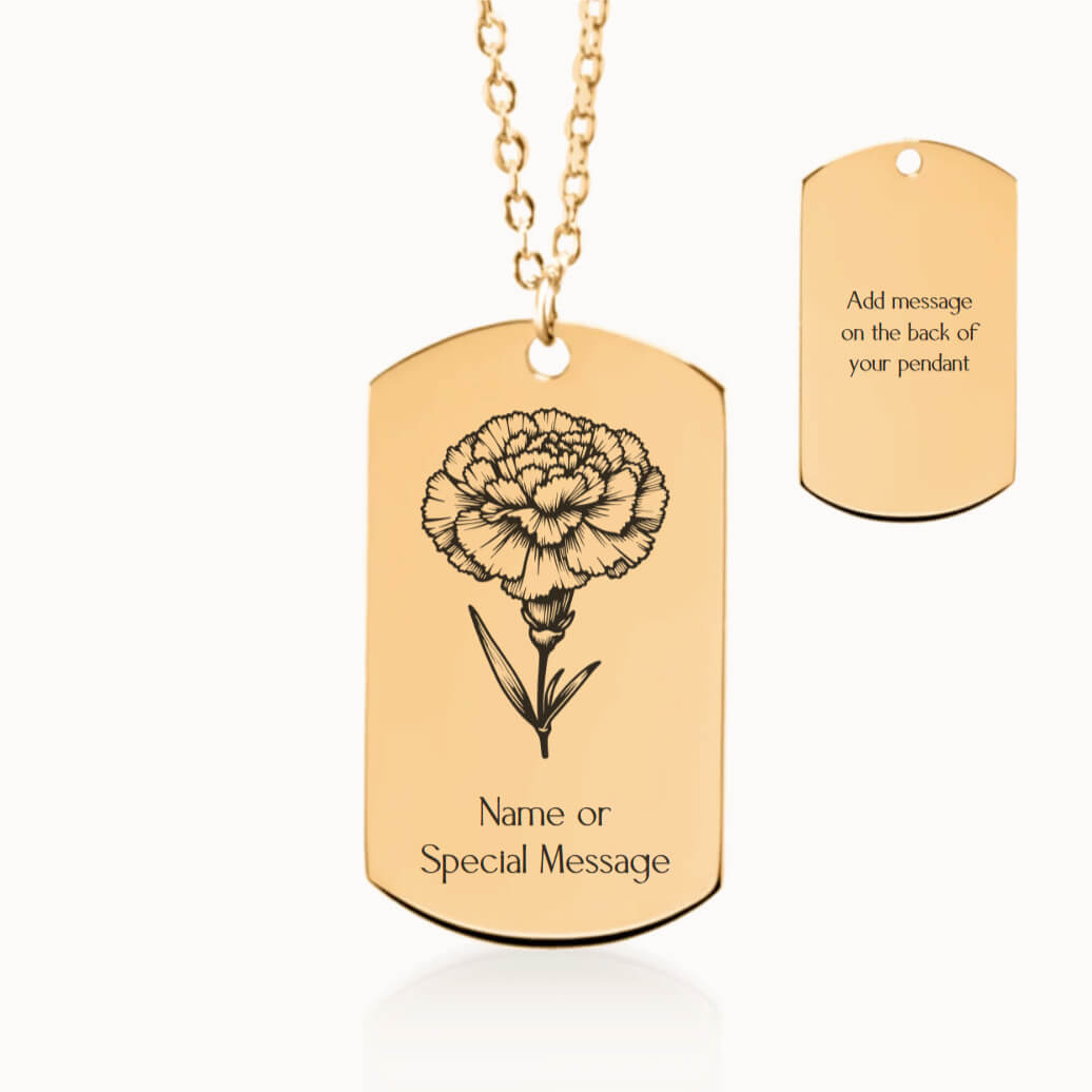 Personalized Carnation Birth Flower Tag Pendant Necklace in Gold, January Birthday Gift for Her