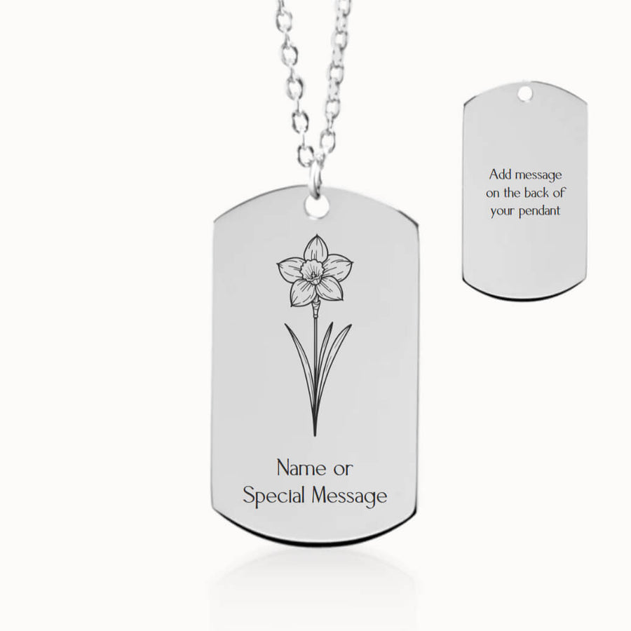 Personalized Daffodil Birth Flower Tag Pendant Necklace in Silver, March Birthday Gift for Her