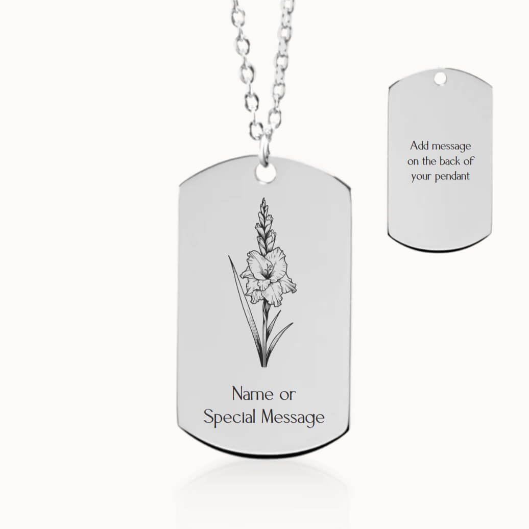 Personalized Gladiolus Birth Flower Tag Pendant Necklace in Silver, August Birthday Gift for Her